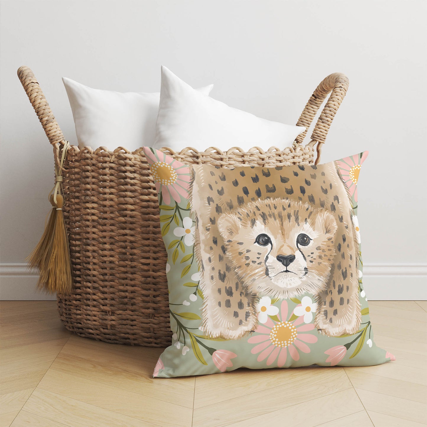 Lil Lying Leopard Flowers Throw Pillow