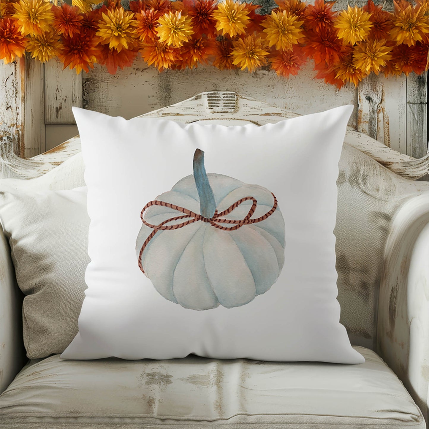 Frosted Pumpkin with Bow Decorative Seasonal Throw Pillow