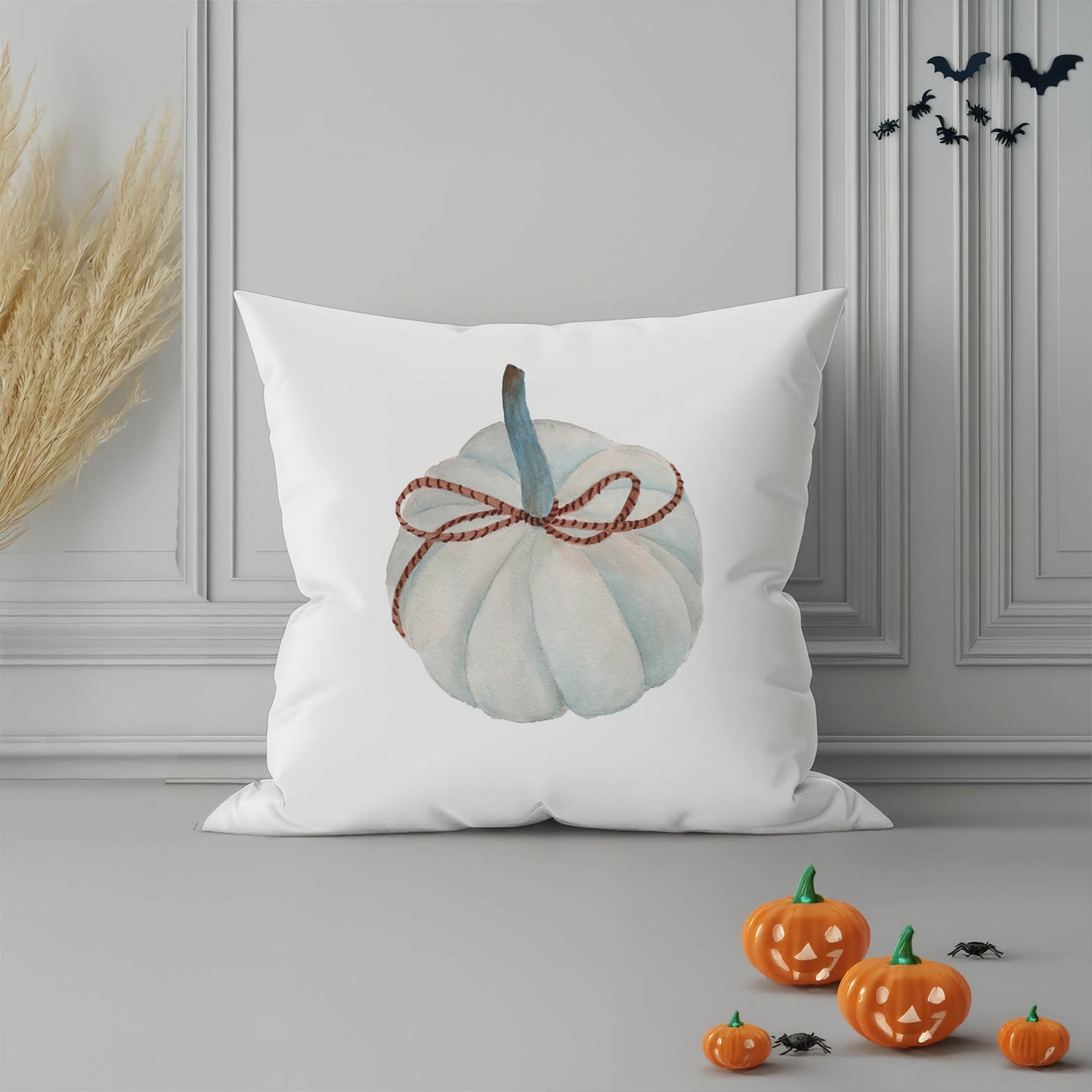 Frosted Pumpkin with Bow Decorative Seasonal Throw Pillow