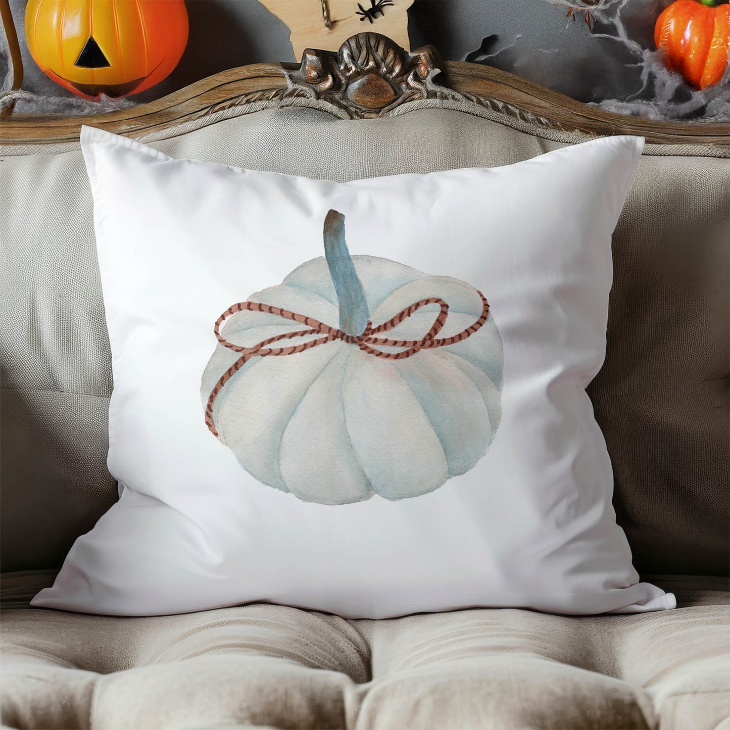 Frosted Pumpkin with Bow Decorative Seasonal Throw Pillow