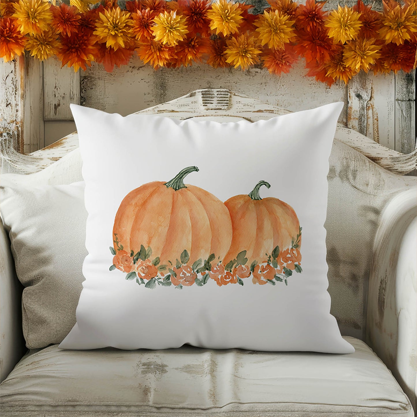 Pumpkin Patch Blooms Decorative Seasonal Throw Pillow