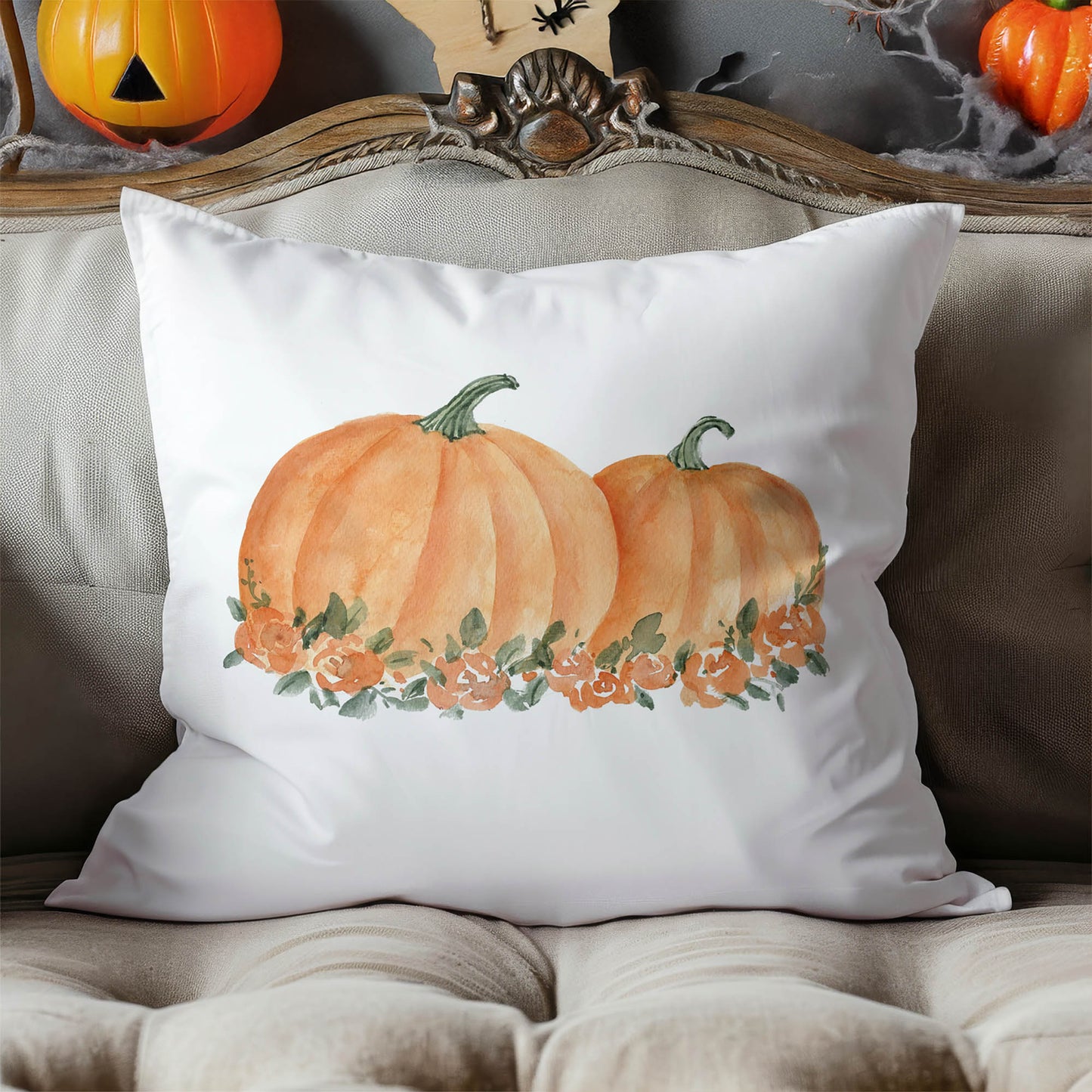 Pumpkin Patch Blooms Decorative Seasonal Throw Pillow