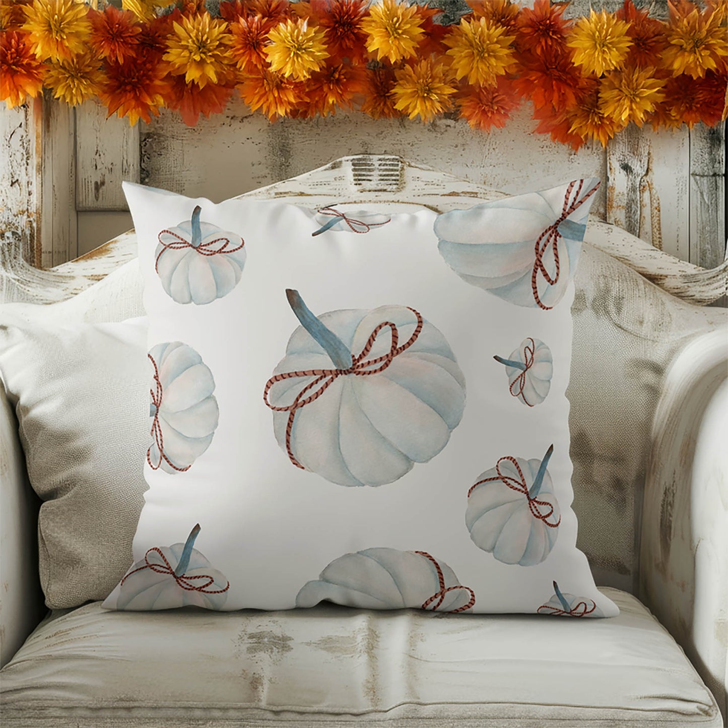 Frosted Pumpkin with Bow Decorative Seasonal Throw Pillow