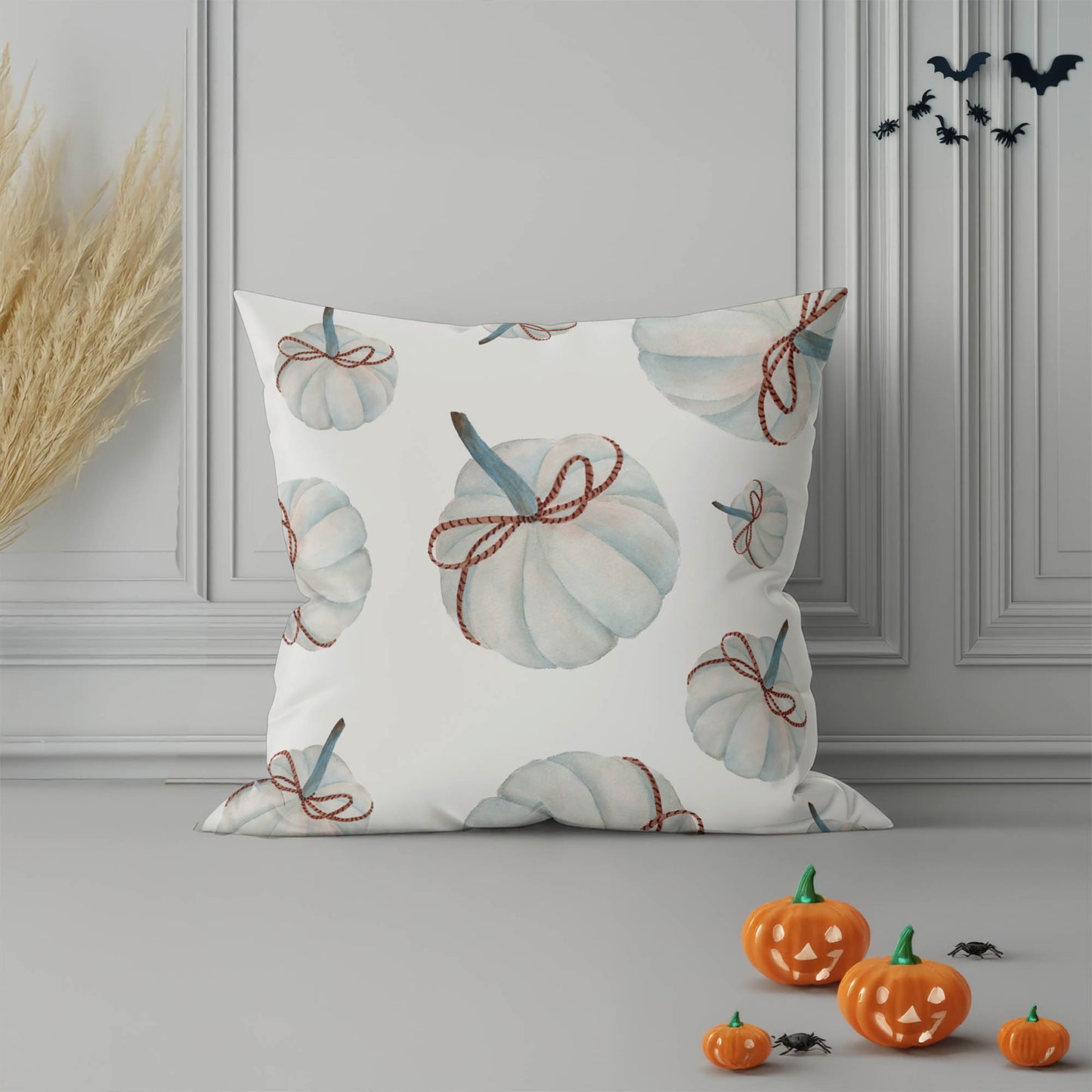 Frosted Pumpkin with Bow Decorative Seasonal Throw Pillow
