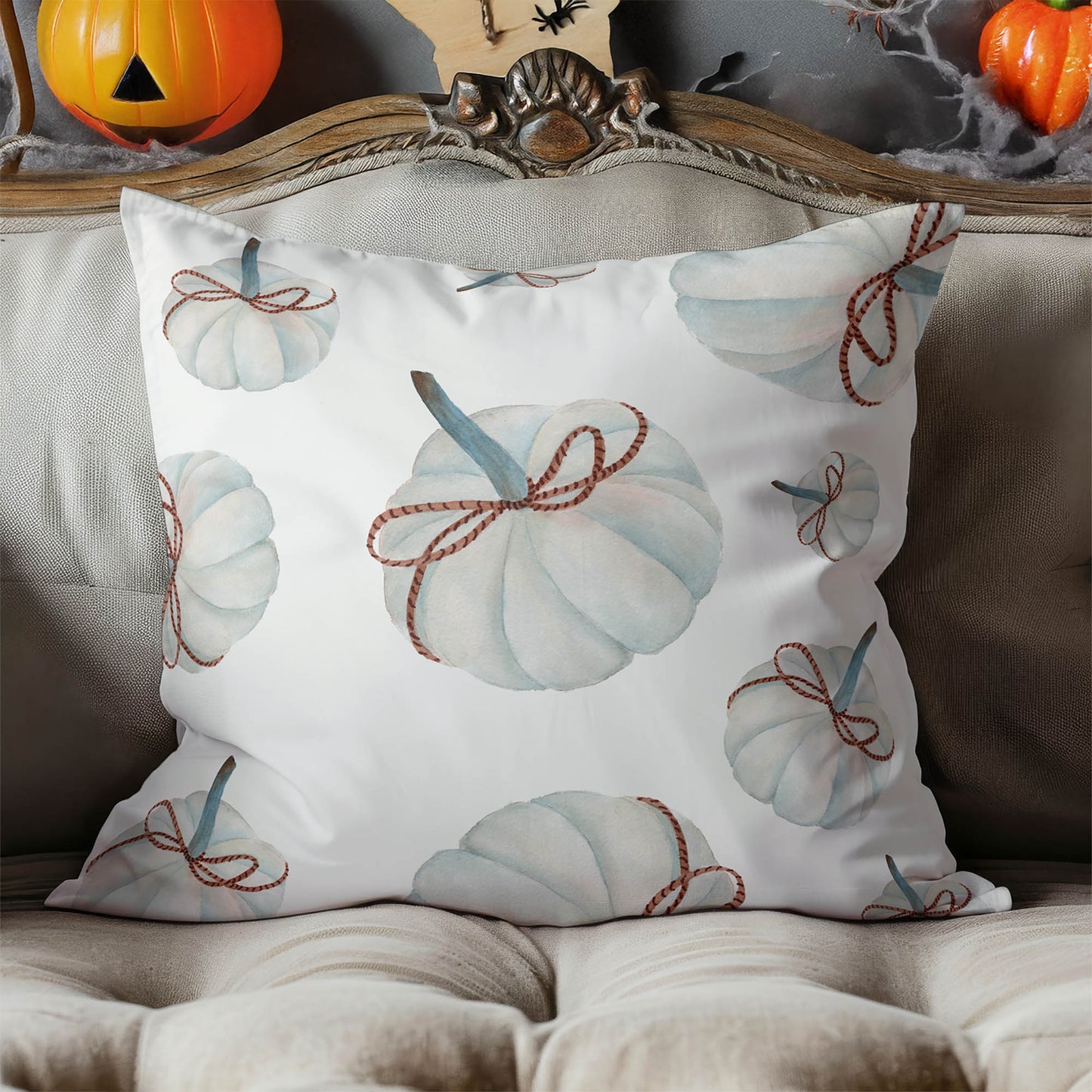 Frosted Pumpkin with Bow Decorative Seasonal Throw Pillow