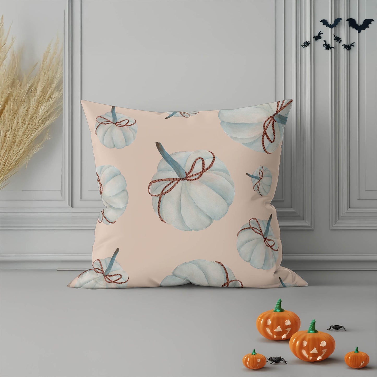 Frosted Pumpkin with Bow Decorative Seasonal Throw Pillow