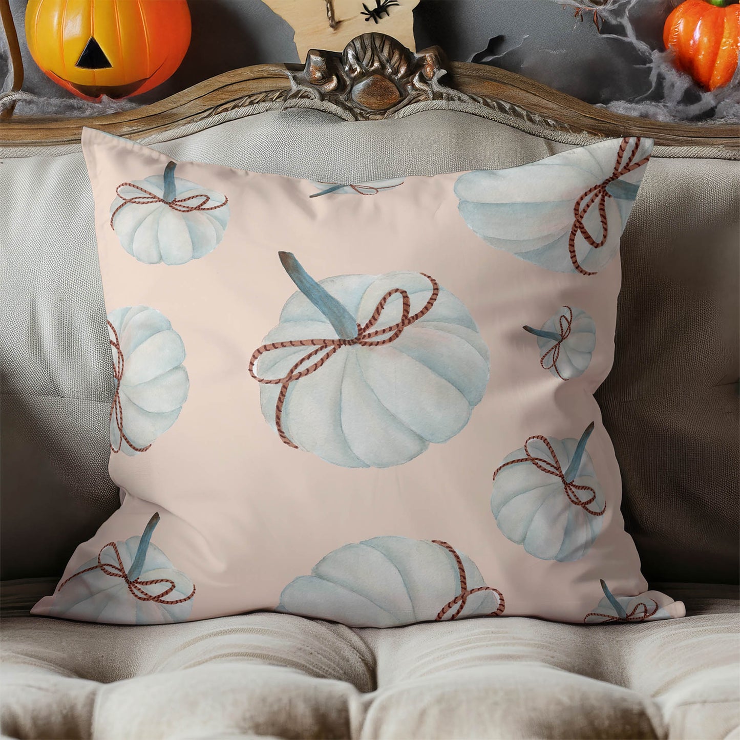 Frosted Pumpkin with Bow Decorative Seasonal Throw Pillow