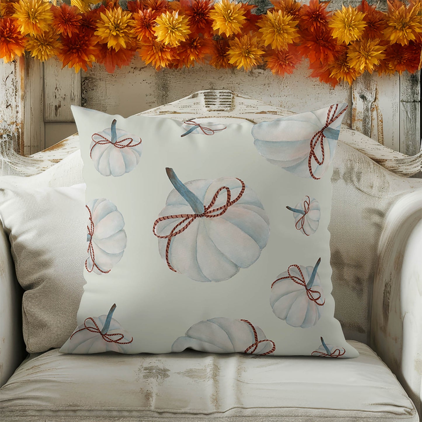 Frosted Pumpkin with Bow Decorative Seasonal Throw Pillow