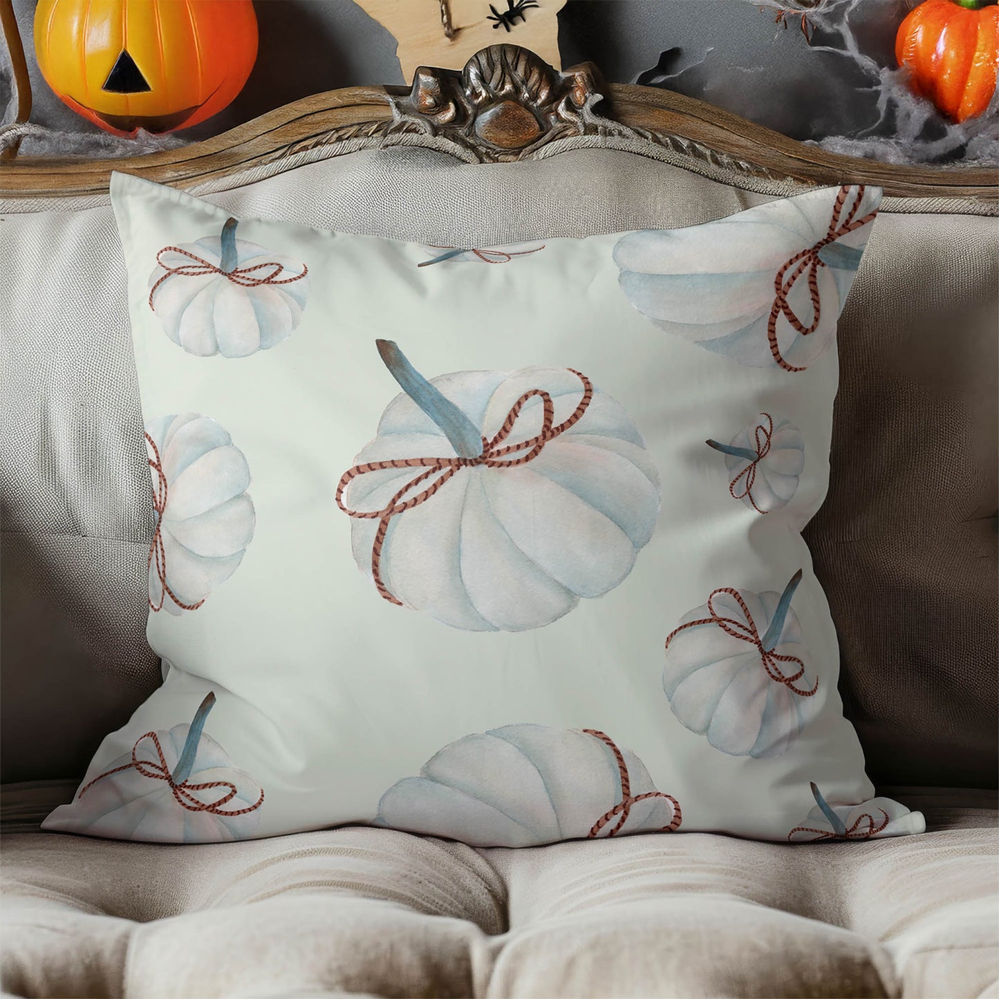 Frosted Pumpkin with Bow Decorative Seasonal Throw Pillow