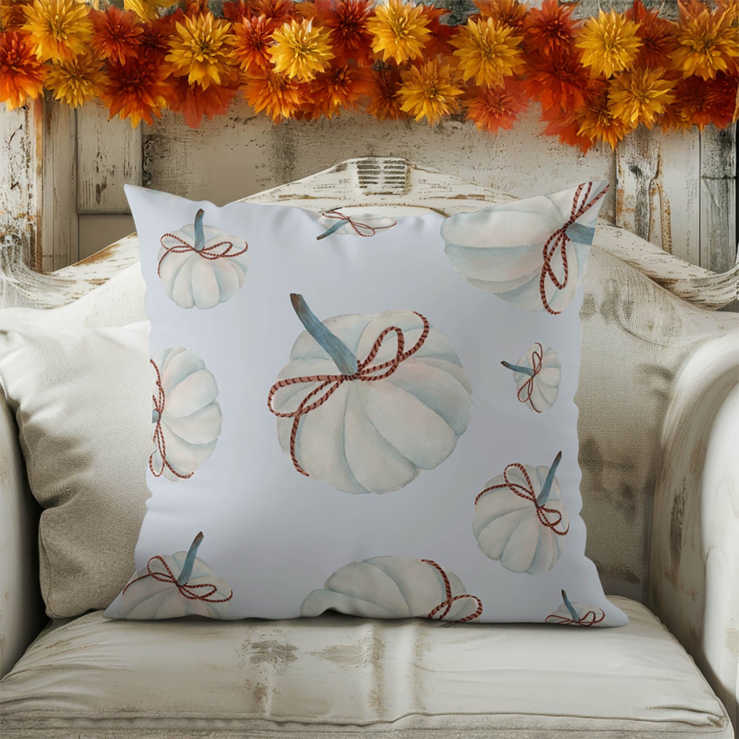 Frosted Pumpkin with Bow Decorative Seasonal Throw Pillow