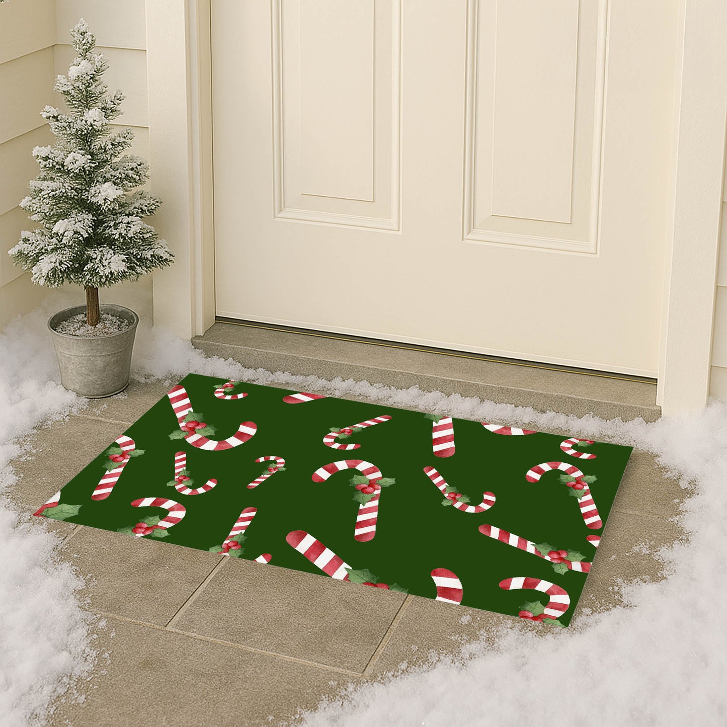 Watercolor Christmas Candy cane Pattern Outdoor Door Mat
