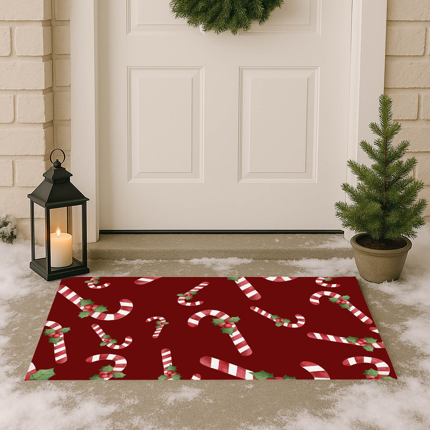 Watercolor Christmas Candy cane Pattern Outdoor Door Mat