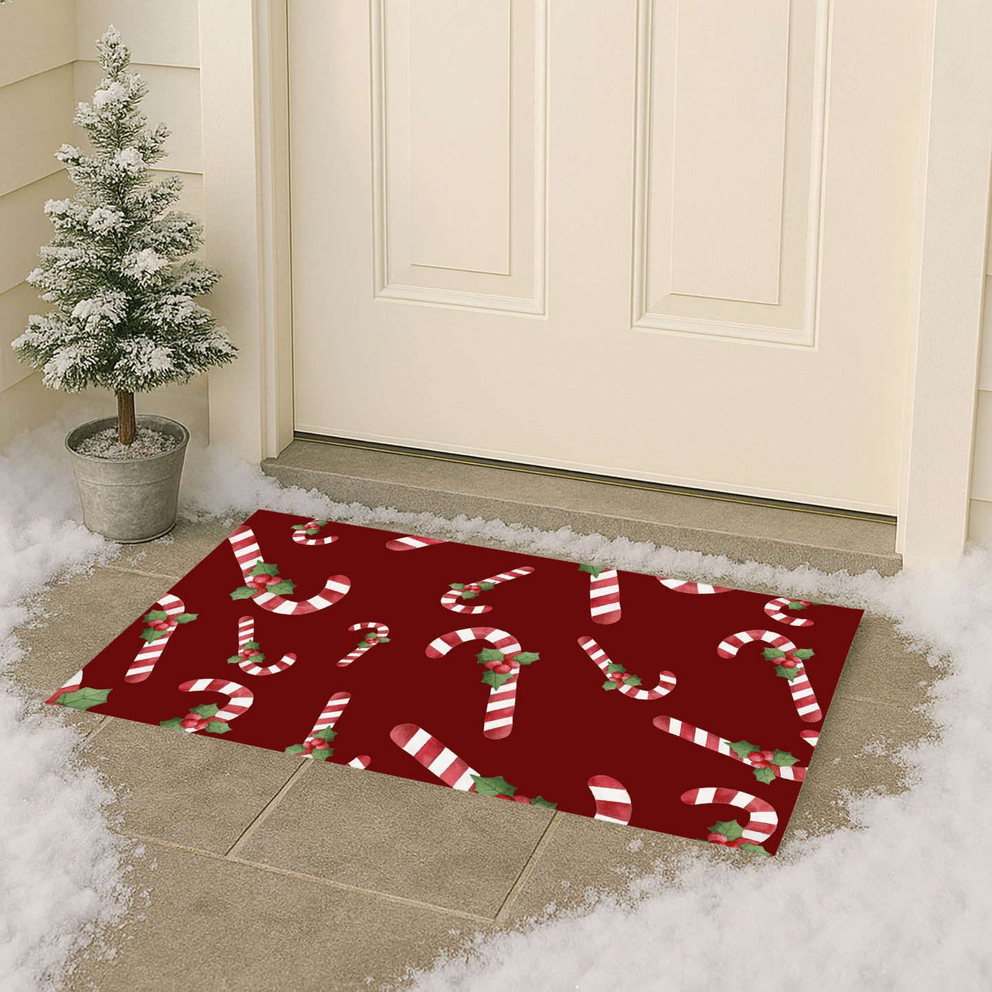 Watercolor Christmas Candy cane Pattern Outdoor Door Mat