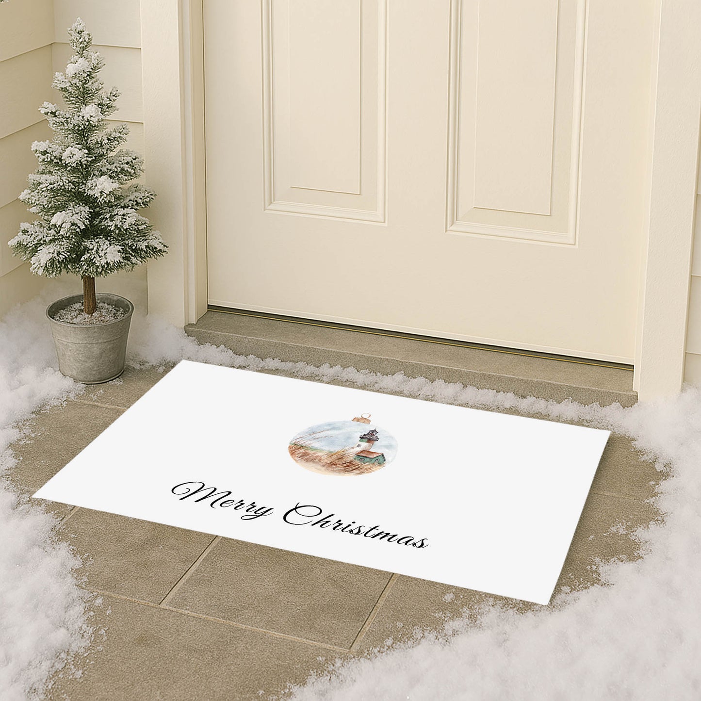 Merry Christmas Ornament Lighthouse Outdoor Door Mat