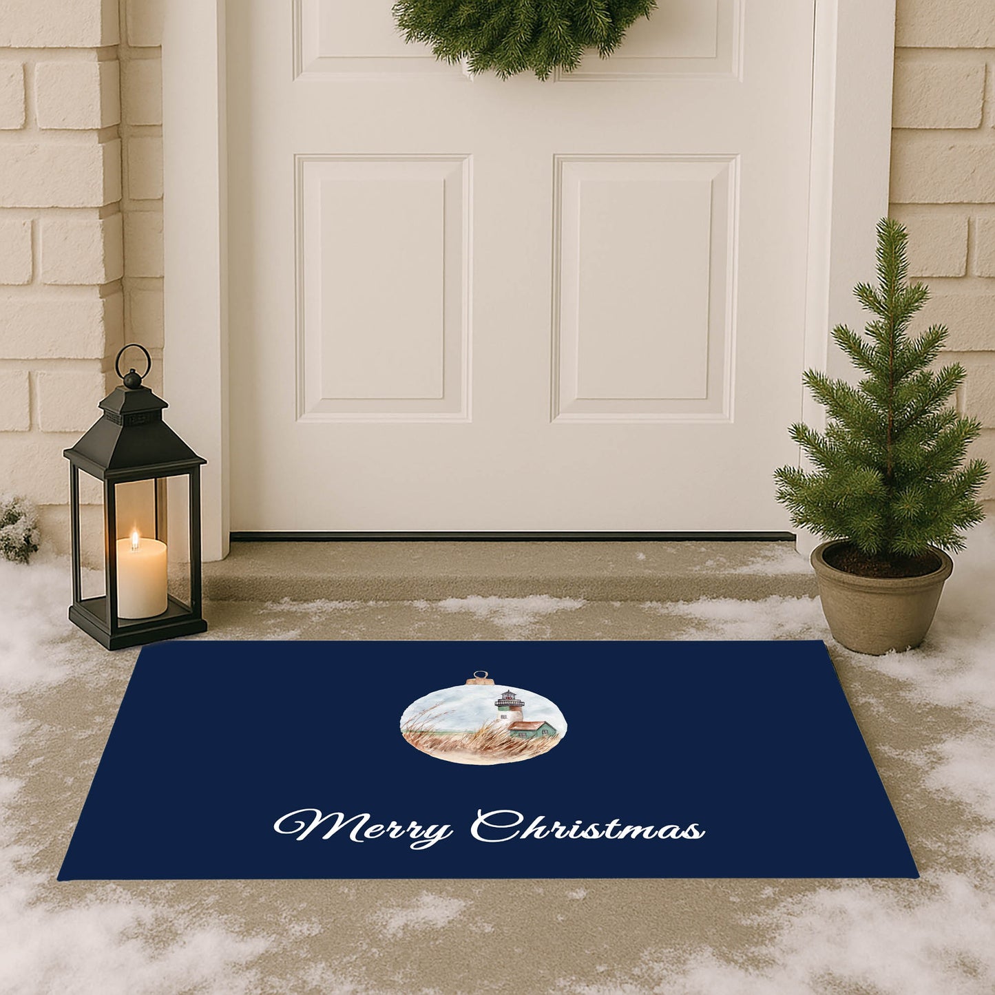 Merry Christmas Ornament Lighthouse Outdoor Door Mat