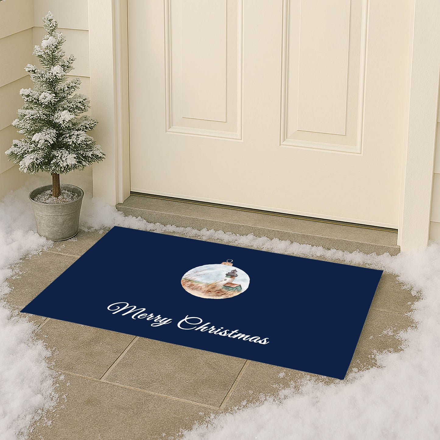 Merry Christmas Ornament Lighthouse Outdoor Door Mat