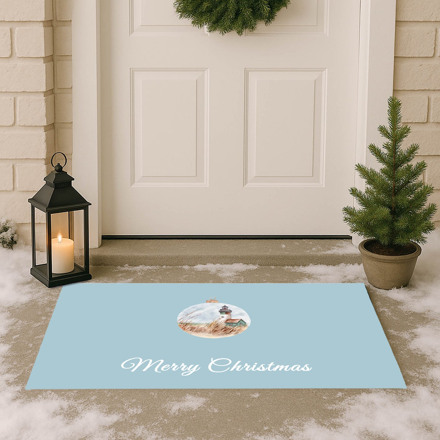 Merry Christmas Ornament Lighthouse Outdoor Door Mat