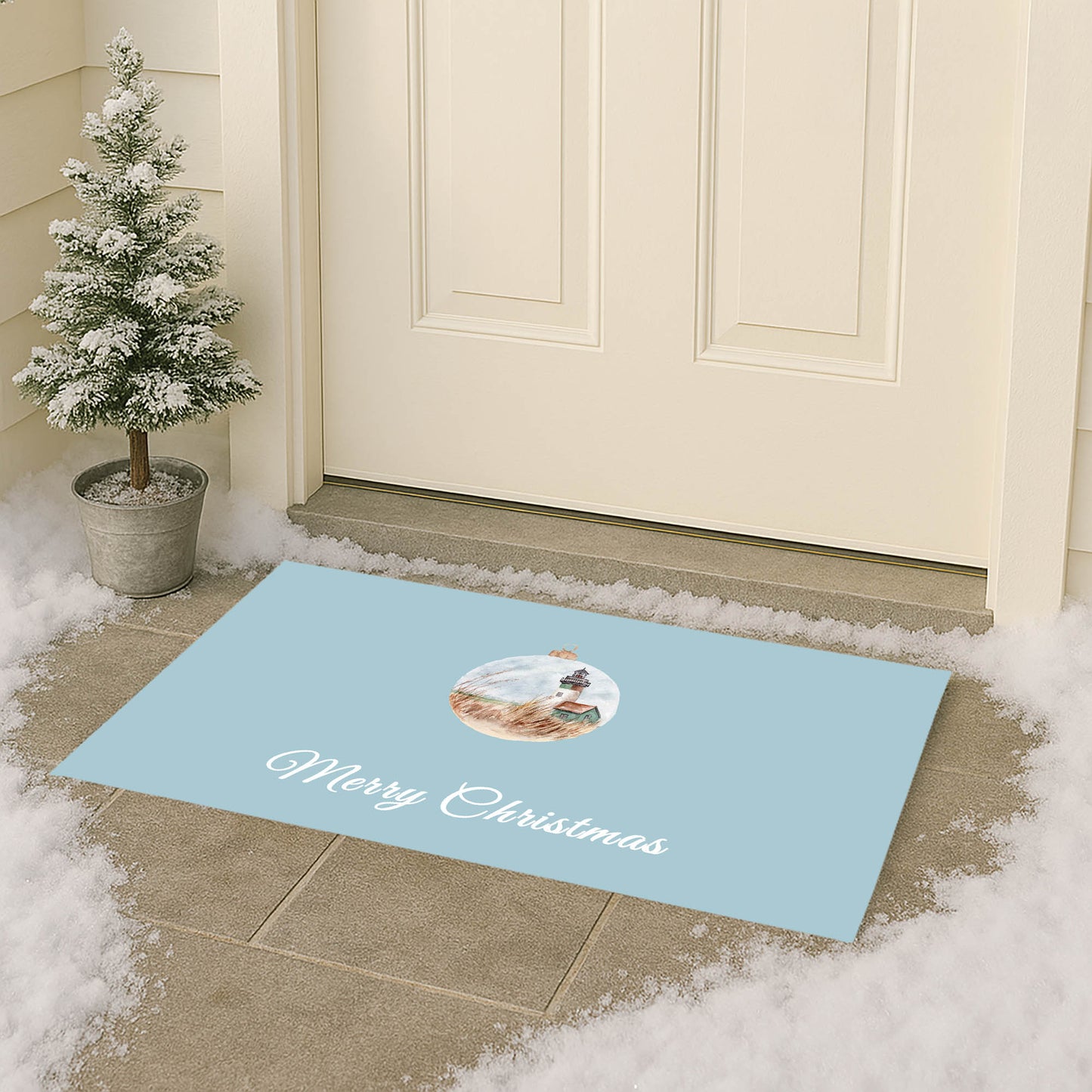 Merry Christmas Ornament Lighthouse Outdoor Door Mat