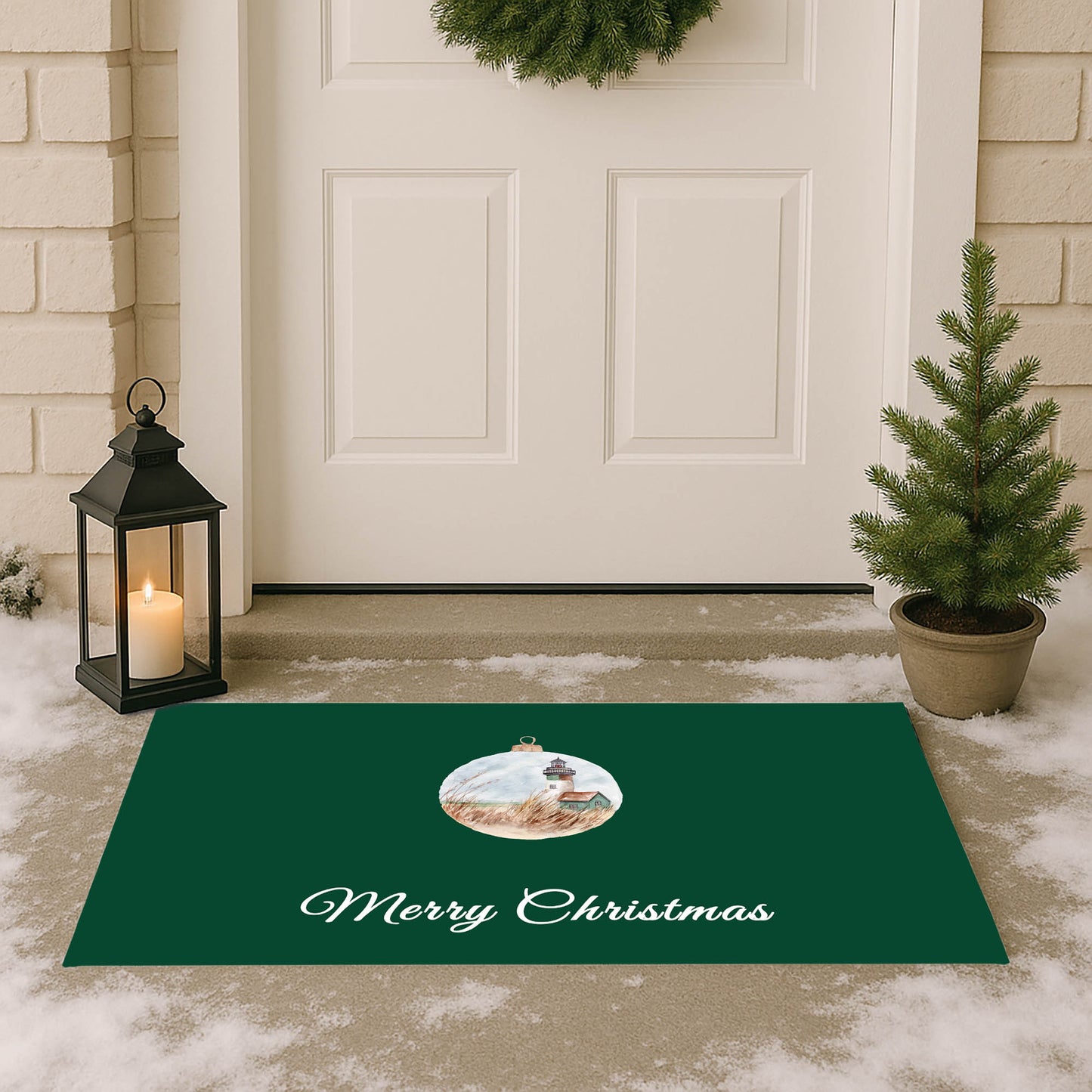 Merry Christmas Ornament Lighthouse Outdoor Door Mat