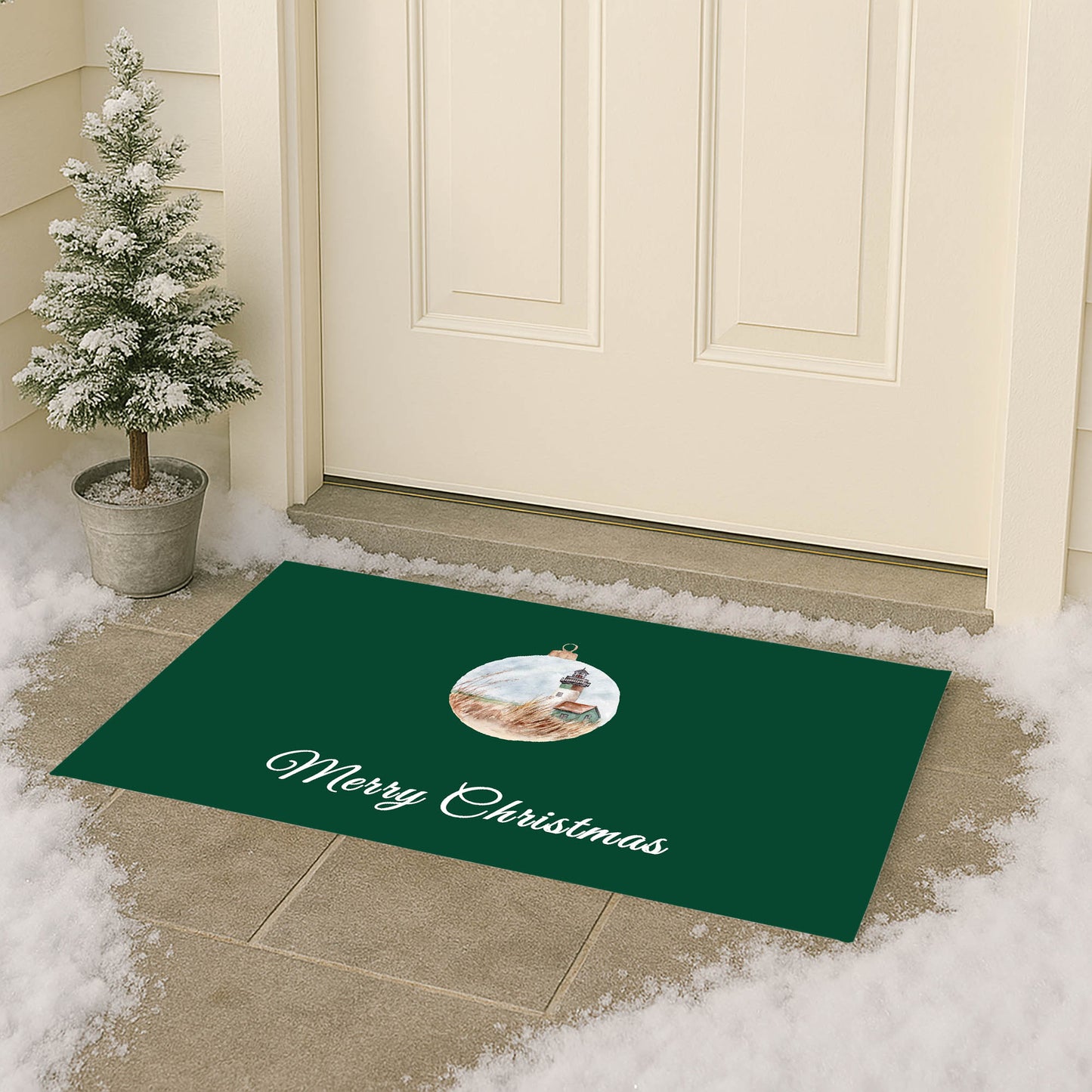 Merry Christmas Ornament Lighthouse Outdoor Door Mat