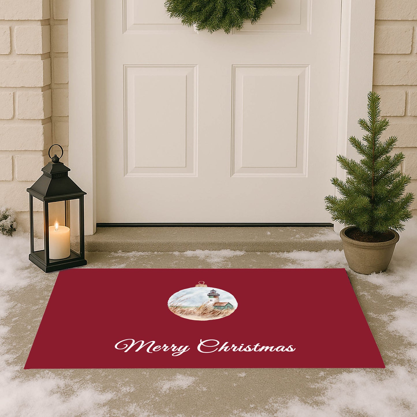Merry Christmas Ornament Lighthouse Outdoor Door Mat