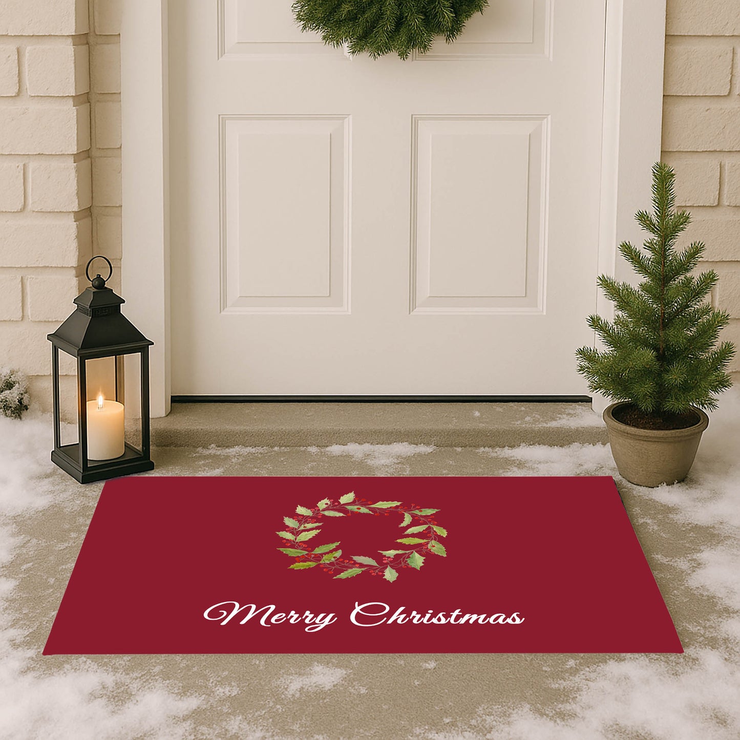 Merry Christmas Holly Christmas Wreath Outdoor Door Mat