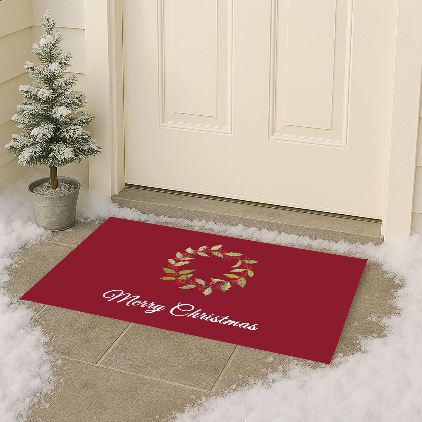 Merry Christmas Holly Christmas Wreath Outdoor Door Mat