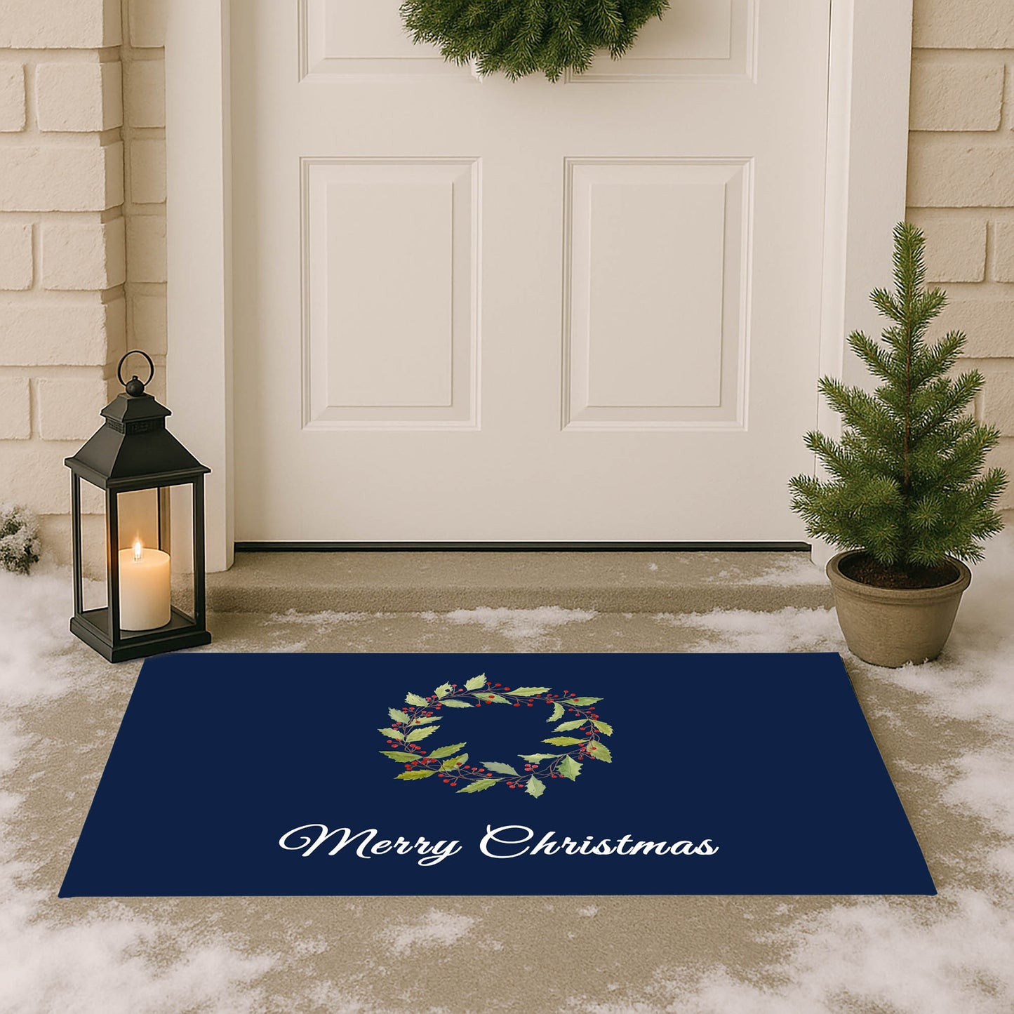 Merry Christmas Holly Christmas Wreath Outdoor Door Mat