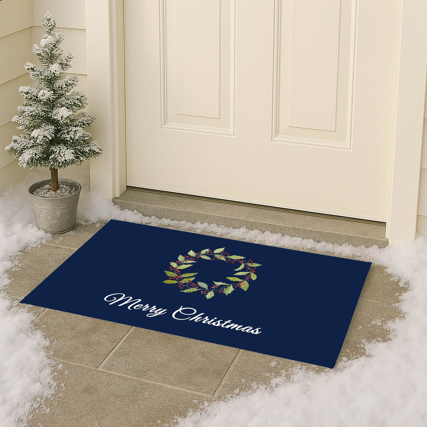 Merry Christmas Holly Christmas Wreath Outdoor Door Mat