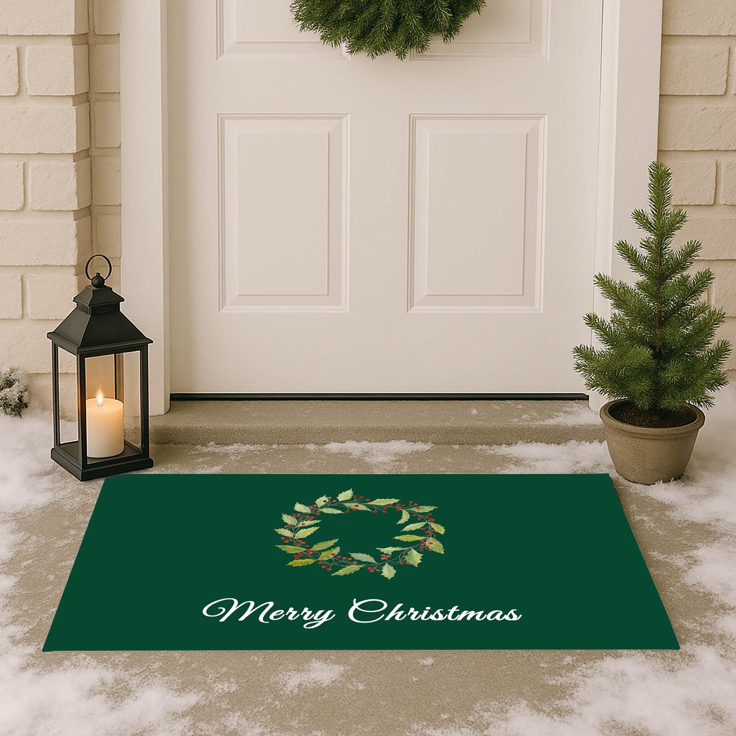 Merry Christmas Holly Christmas Wreath Outdoor Door Mat