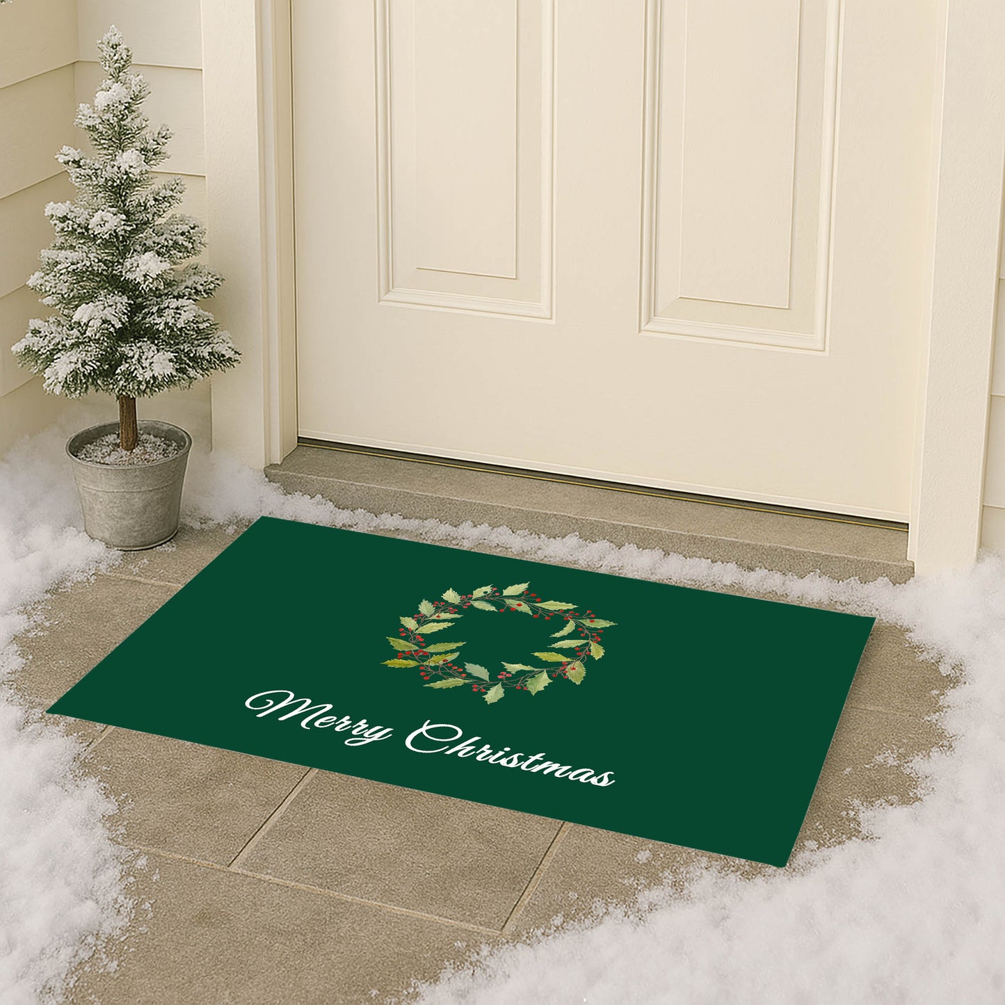 Merry Christmas Holly Christmas Wreath Outdoor Door Mat