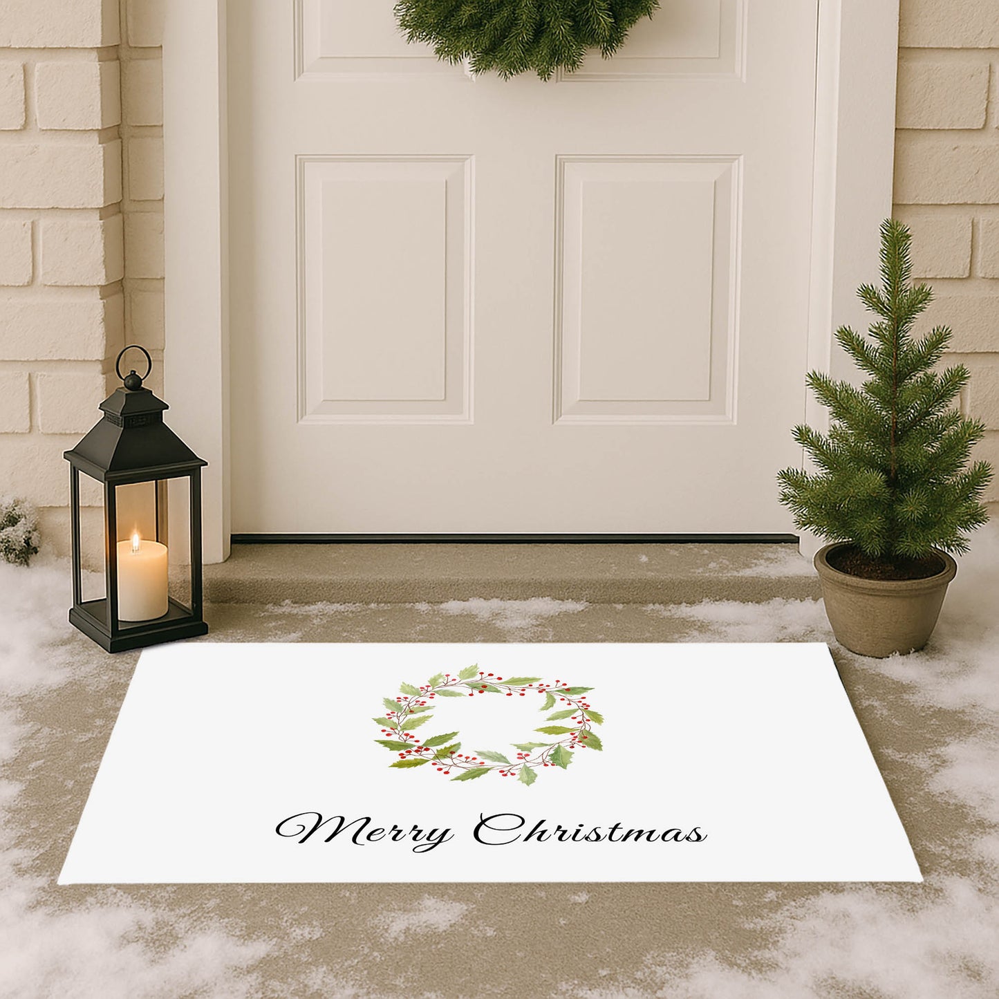 Merry Christmas Holly Christmas Wreath Outdoor Door Mat