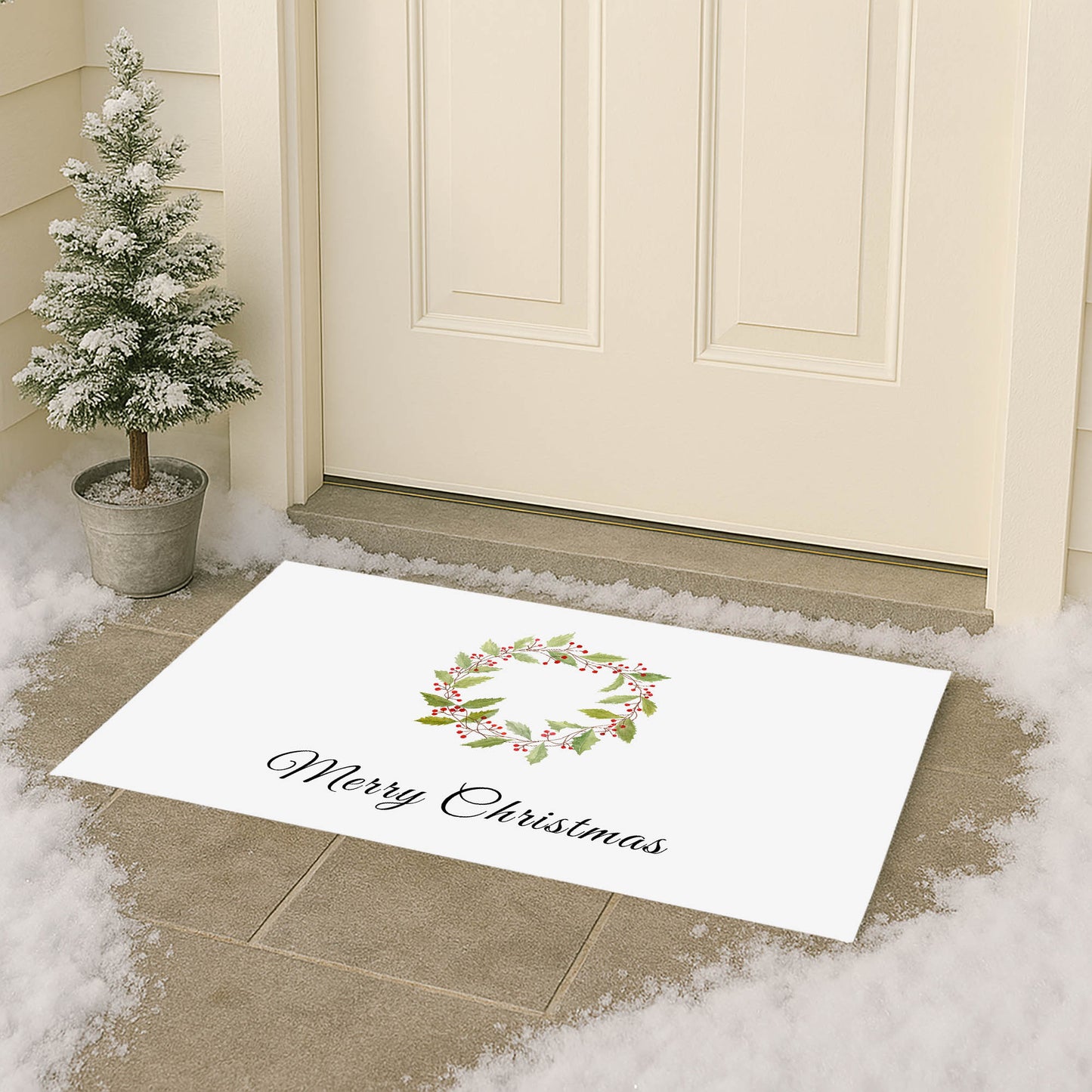 Merry Christmas Holly Christmas Wreath Outdoor Door Mat