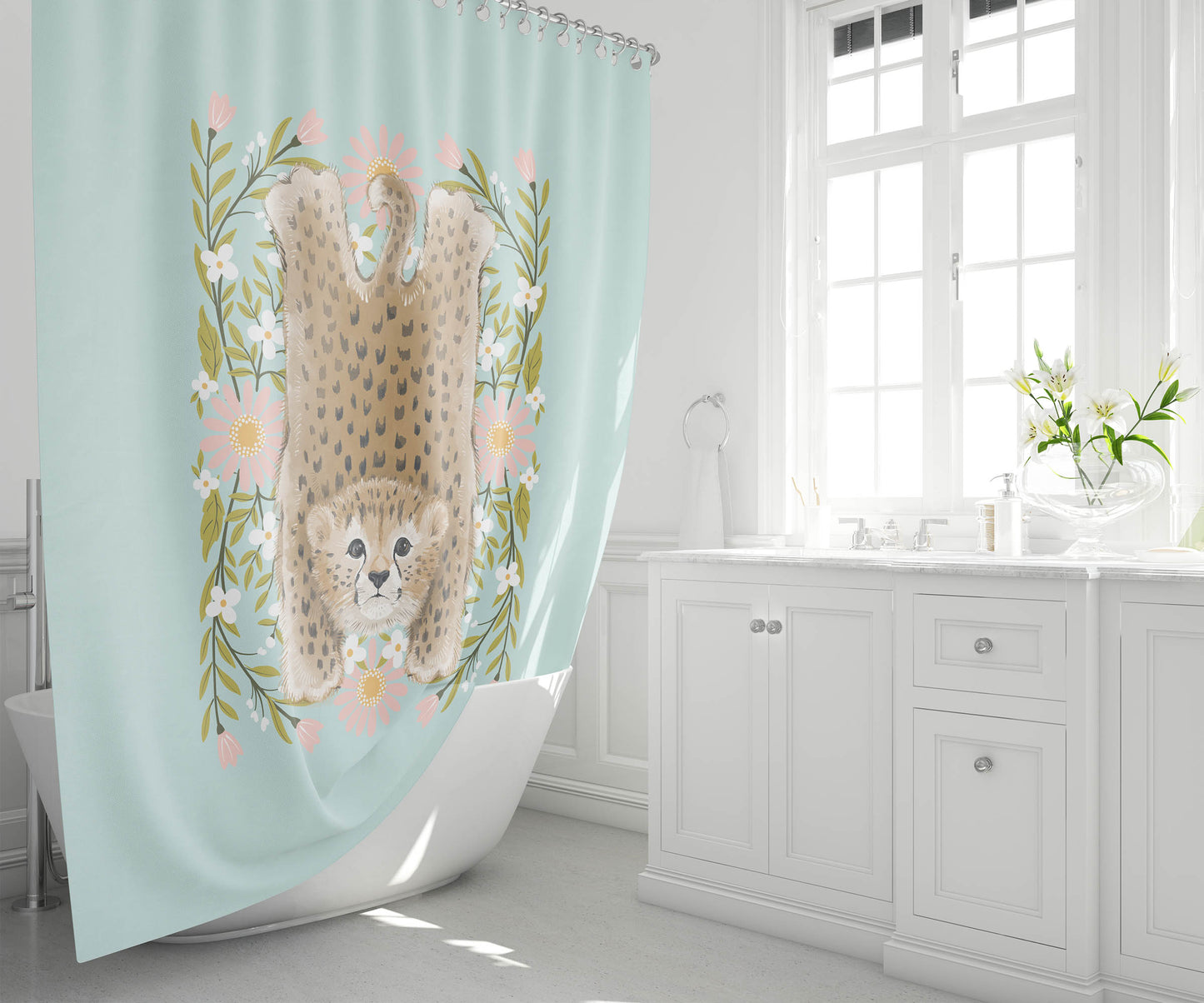 Lil Lying Leopard Flowers Shower Curtain