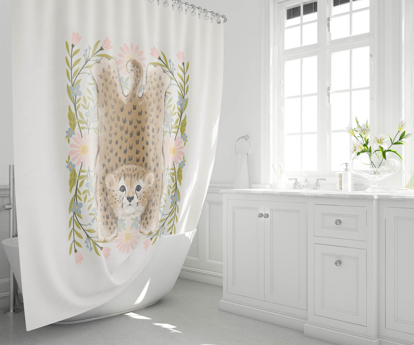 Lil Lying Leopard Flowers Shower Curtain