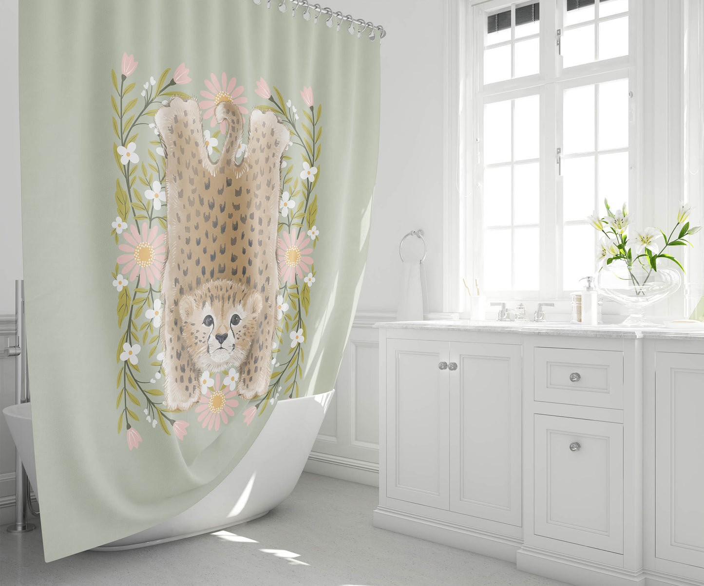 Lil Lying Leopard Flowers Shower Curtain