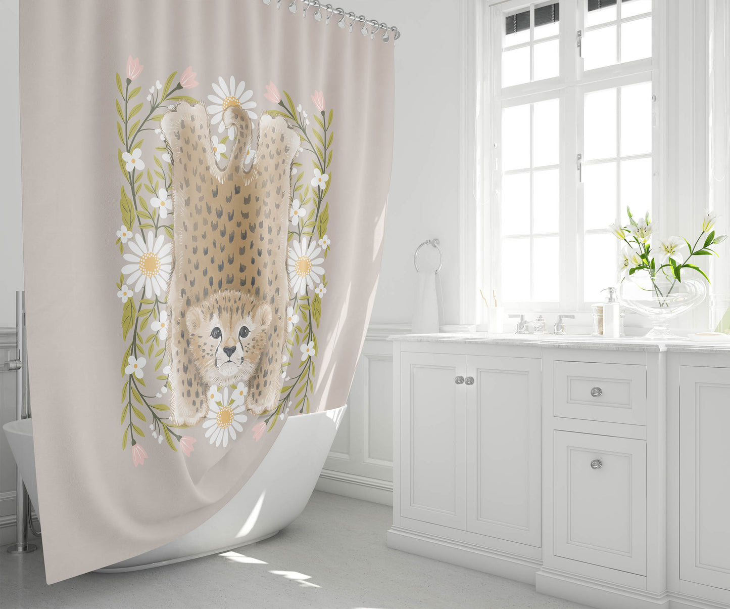 Lil Lying Leopard Flowers Shower Curtain