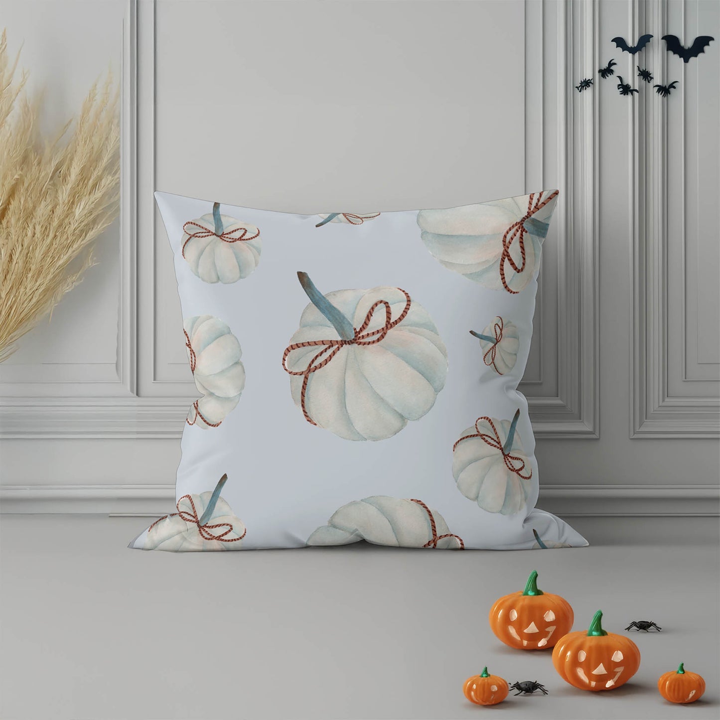 Frosted Pumpkin with Bow Decorative Seasonal Throw Pillow