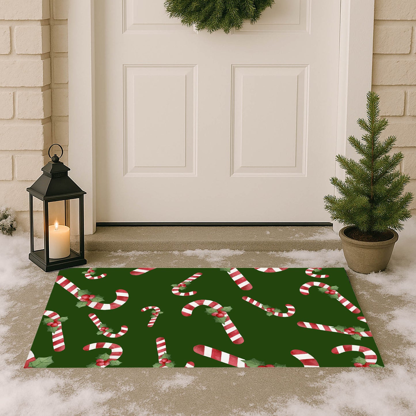 Watercolor Christmas Candy cane Pattern Outdoor Door Mat