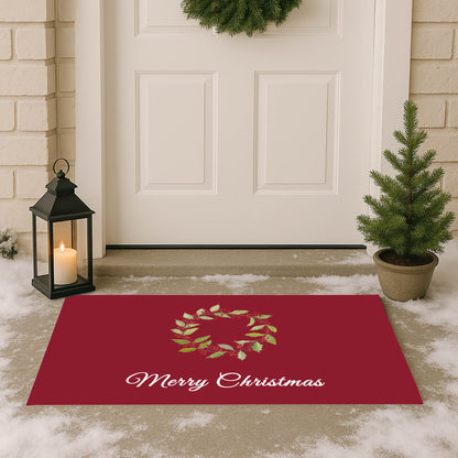 Merry Christmas Holly Christmas Wreath Outdoor Door Mat