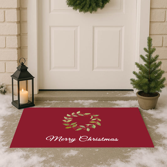 Merry Christmas Holly Christmas Wreath Outdoor Door Mat